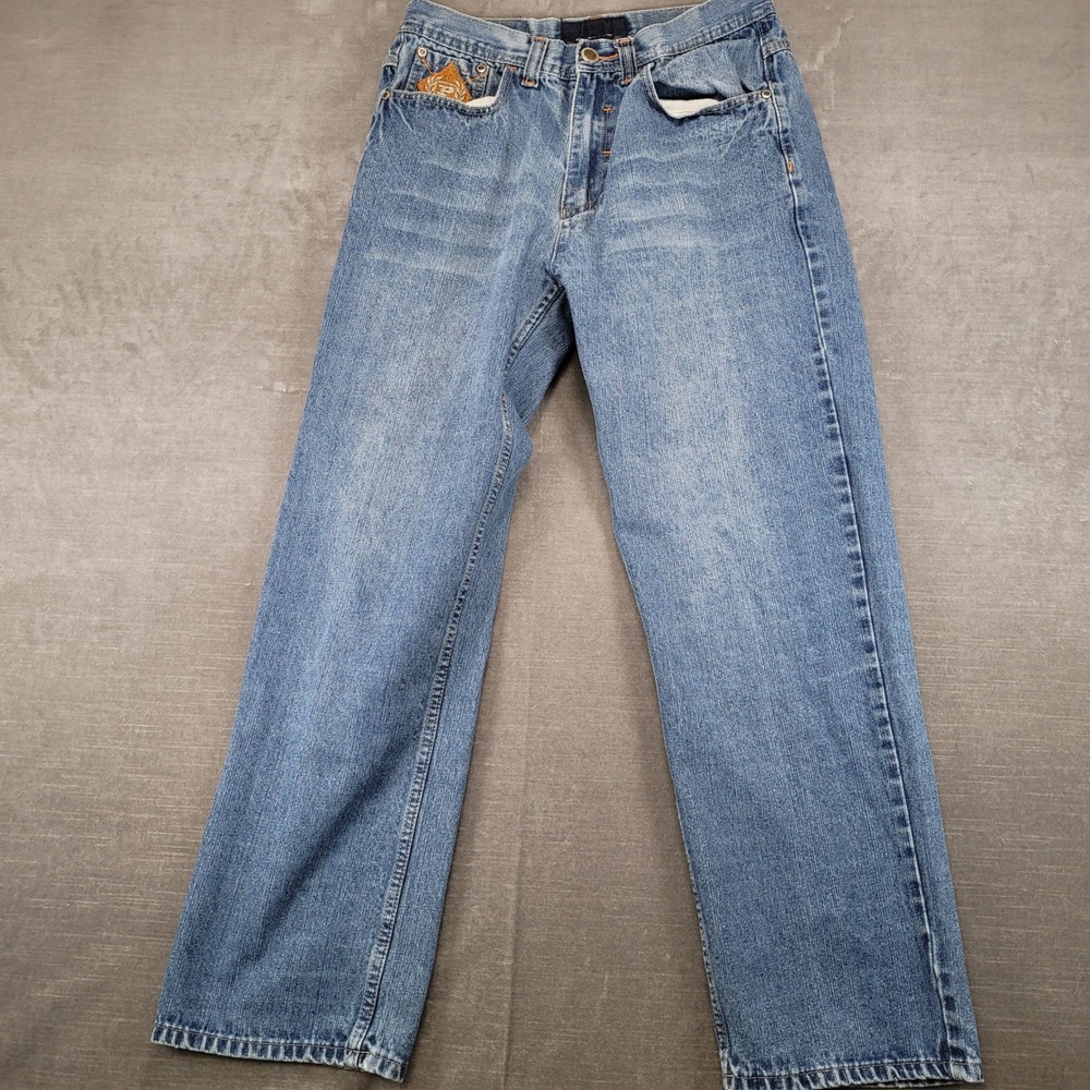 Phat Farm Mens Blue Denim Jeans Actual Sz Size 30 Embroidered Baggy Y2K Hip Hop